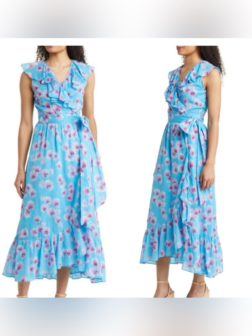 Banjanan Eris Blue Floral Ruffle wrap Midi Dress large